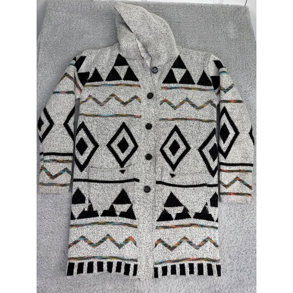 Northern Angel Hooded Cardigan Sweater L Acrylic Geometric Pattern Black/White - Picture 14 of 16